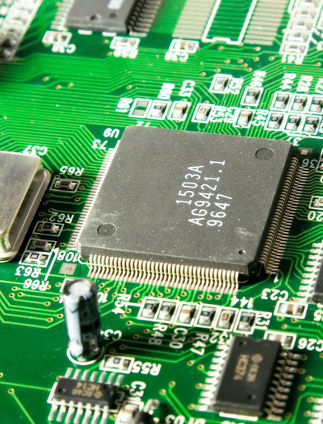 Computer chip closeup. Green tint.